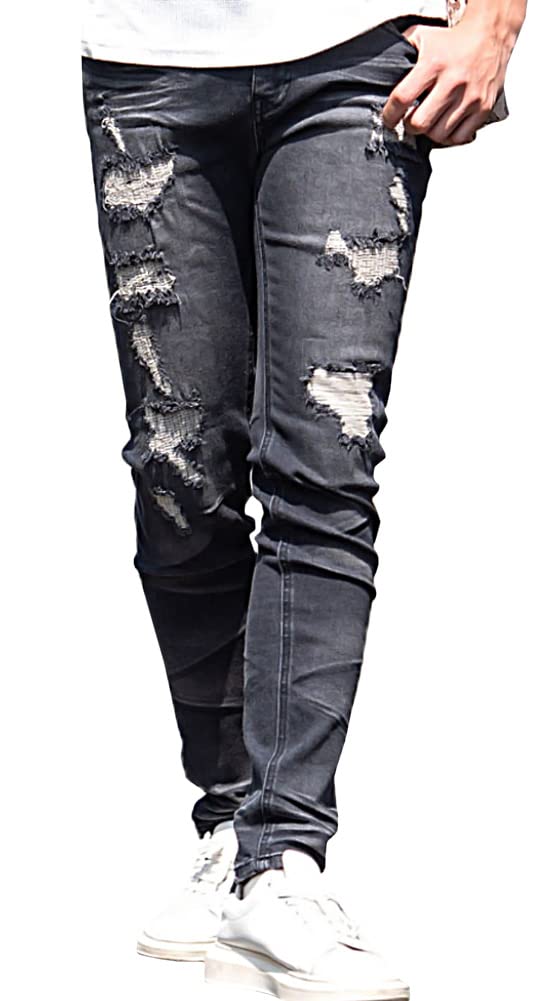 Мужские унисекс джинсы Cavalier, узкие, зауженные, потертые, с заплатками, размер 46 (L), Черный, CAMY17-05