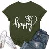 Ladies' Loose Comfortable Casual Fashionable “Happy”Character Printed Round Neck Short Sleeved Shirt