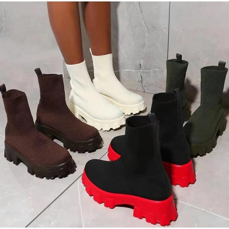 Women Boots Slip On Western Ankle Boots Platform Knitted Ladies Autumn Socks Boots Fashion Female Booties
