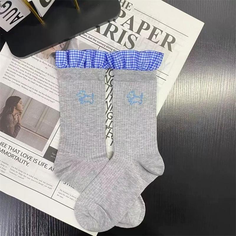 

Женские весенне-осенние носки с личностным трендовым синим клетчатым узором, кружевом и вышивкой щенка в рубчик 1 pair