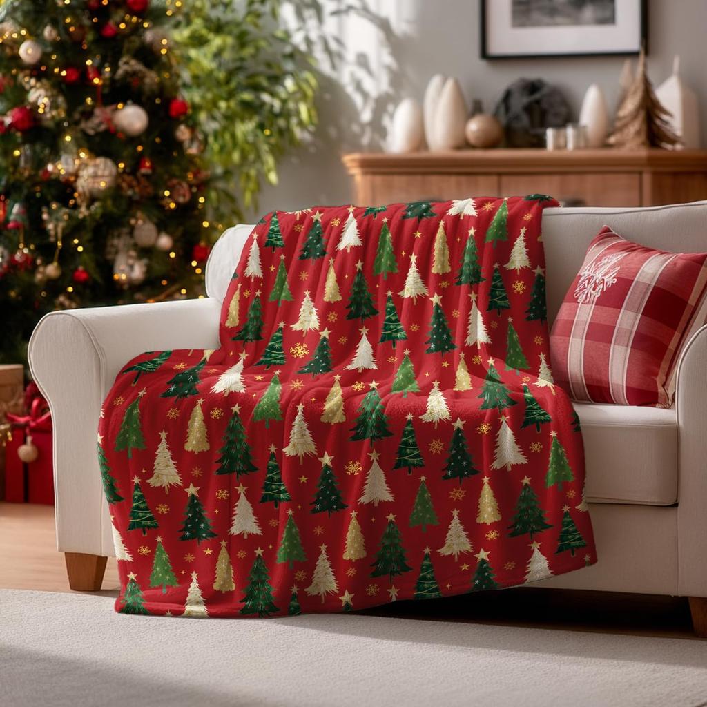 Christmas Flannel Blanket Throw, Christmas Red Tree Soft Fuzzy Plush Cozy Fleece Blankets, Ideal Gifts for Adults Wife Self