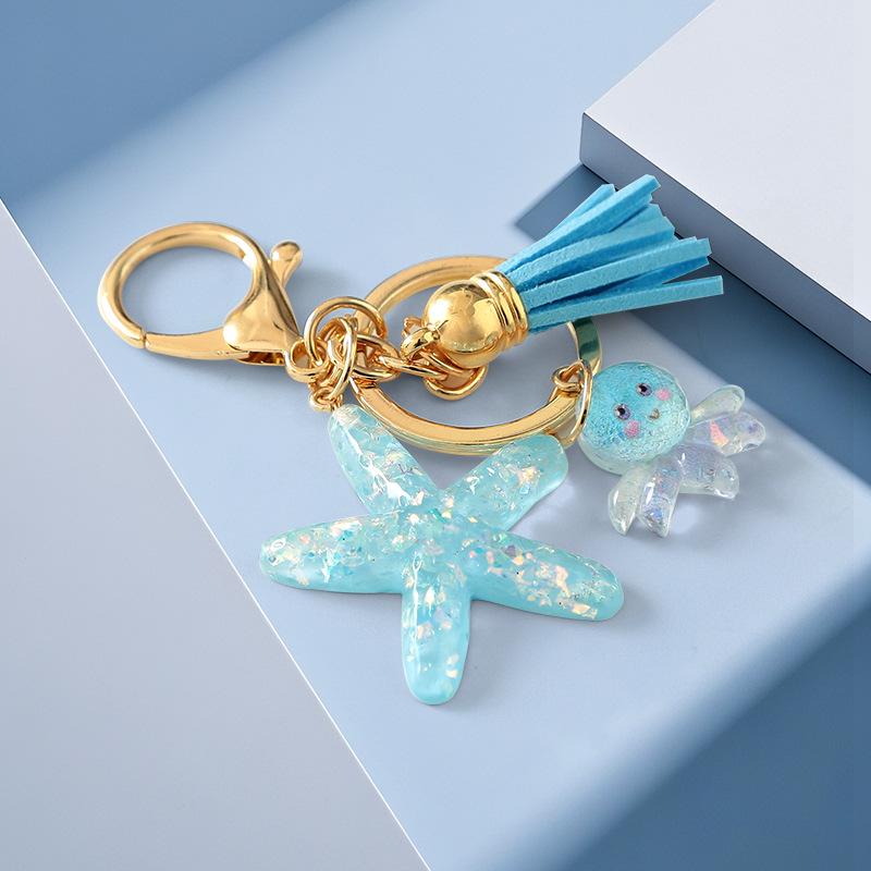 Starfish Ocean Tassel Keychain: Creative Resin Key Ring & Backpack Pendant for Women