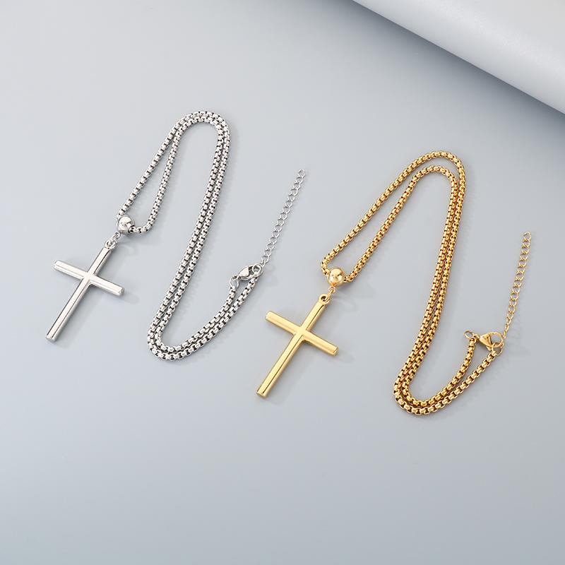 New Gold Color Cross Pendant Necklace for Men Women Pearl Chain Religious Stainless Steel Jewelry, Minimalist Accessory Gift