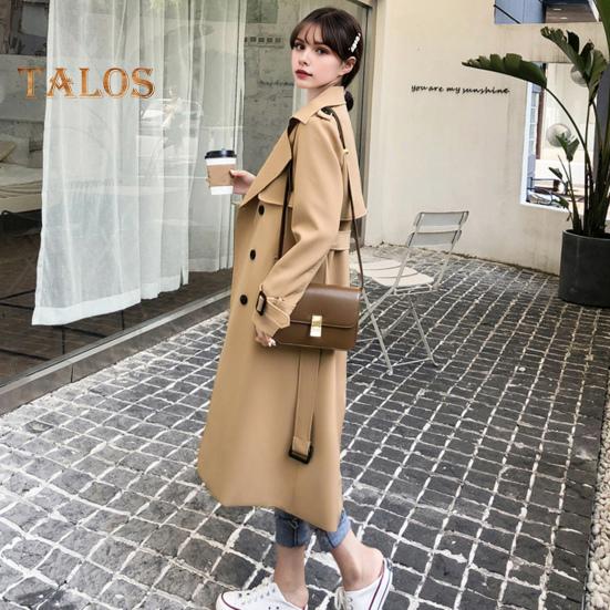 Fall Winter Women Jacket Double-breasted Buttons Solid Color Turn-down Collar with Belt Mid Length Windproof Outdoor Overcoat