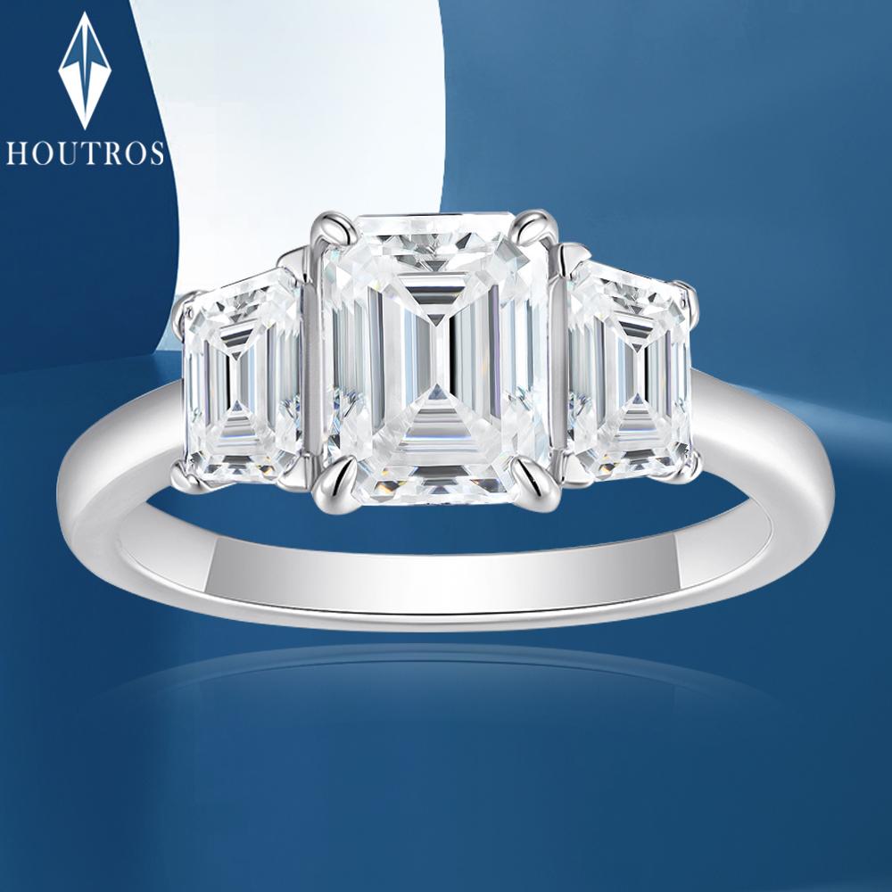 6x8mm Emerald Cut Moissanite Engagement Rings Three Stone Side Trapezoid Moissanite Ring CopperParty Wedding Bands Jewelry