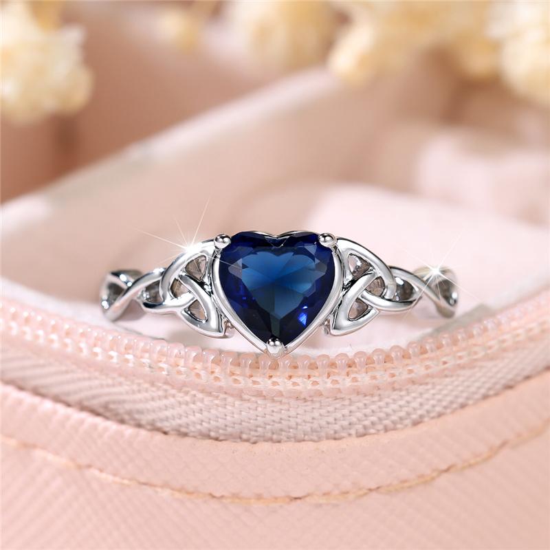 Cute Female Blue Zircon Stone Heart Engagement Ring CopperColor Wedding Jewelry For Women