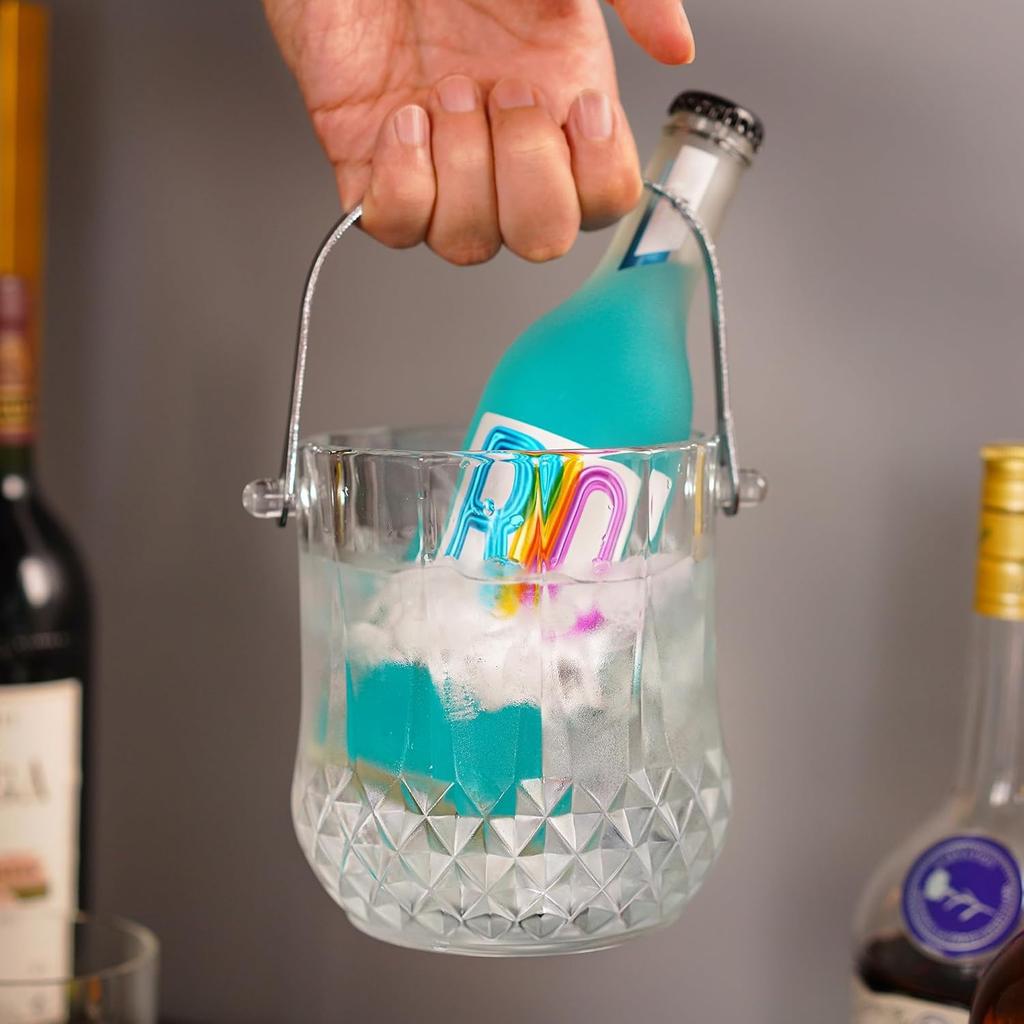 Glass Ice Bucket with Handle and Ice Tong Holds 37oz of Ice Clear Crystal Ice Buckets for Cocktail Bar Wine Home Bar Accessories Parties Clear