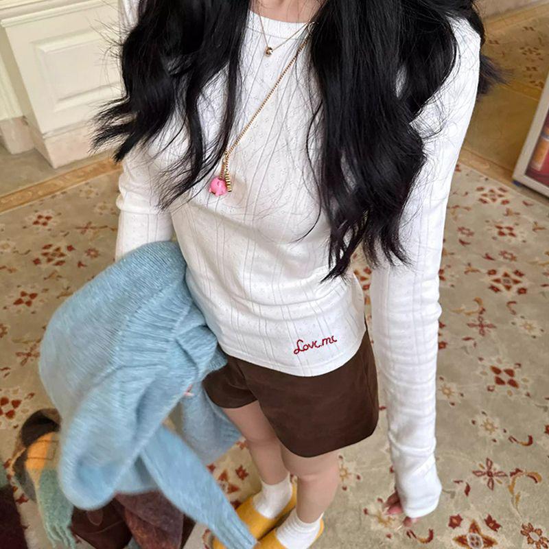 Pure Desire 2025 Round Neck Mesh Jacquard Letter Embroidery Long Sleeve T-Shirt Extra Large белый