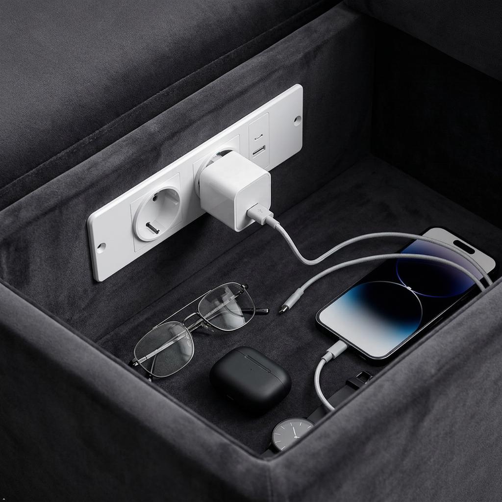 Ukryte w meblach gniazdko zasilające, wpuszczane w blat stacji zasilającej z portami USB do uporządkowanego biurka, blatu kuchennego