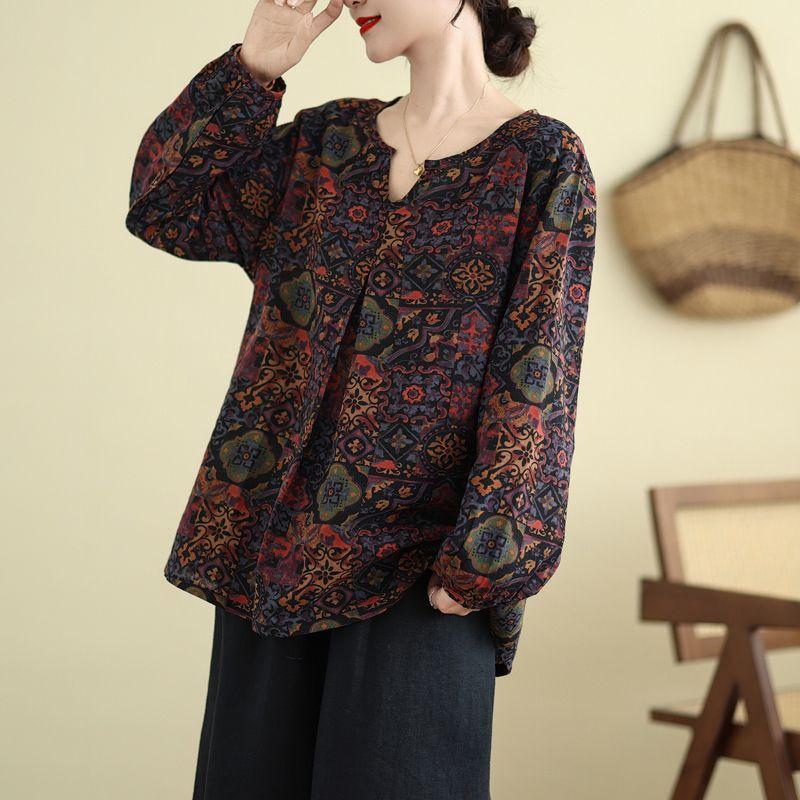 Retro Floral Print Cotton Linen Long Sleeve Loose Maternity Shirt Women's Plus Size Casual Fashion V-Neck Soft Satin Material