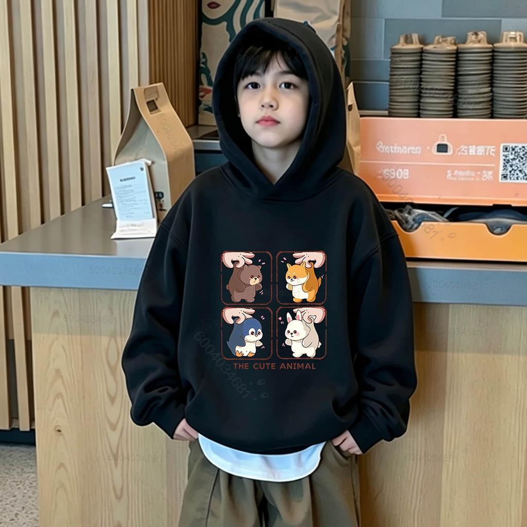 Autumn and winter trendy cute animal print children's sweatshirt, comfortable and warm everyday hooded top for boys and girls