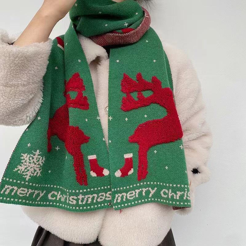Korean Style Reindeer Knitted Cashmere Scarf - Unisex Winter Festive Neck Warmer