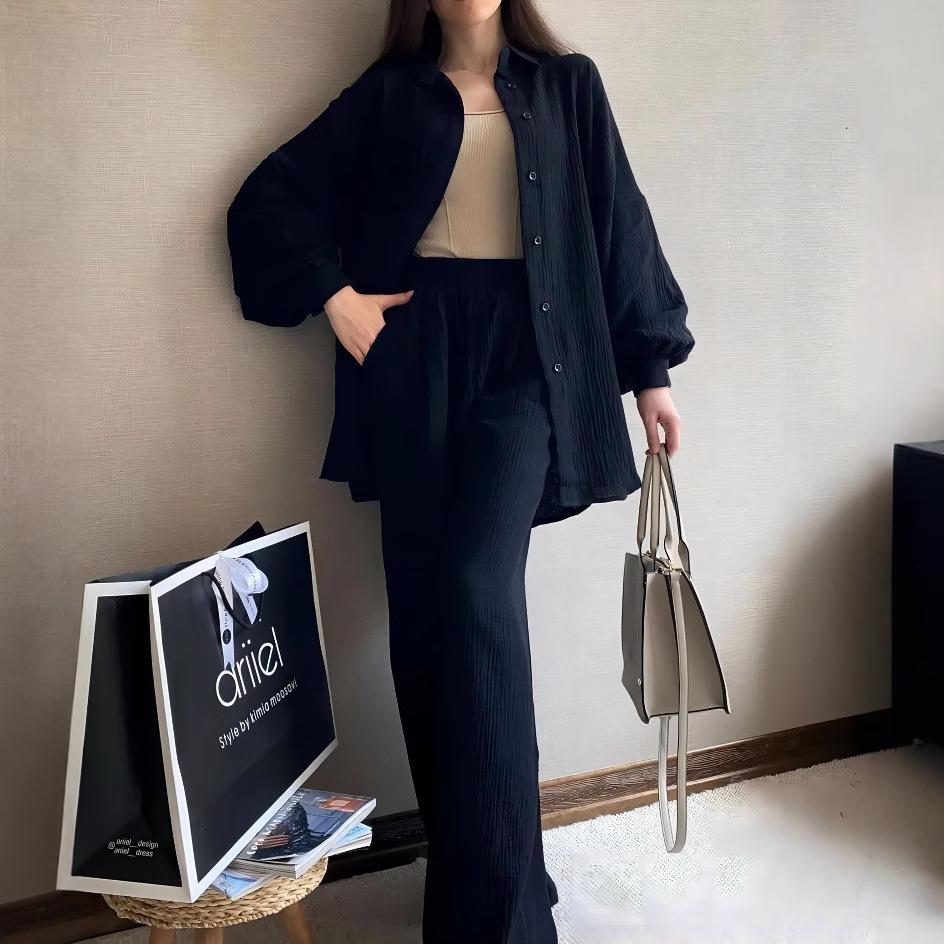 Oversized Shirt and Wide-Leg Pants Set with Beige Tank Top, Casual Chic Outfit