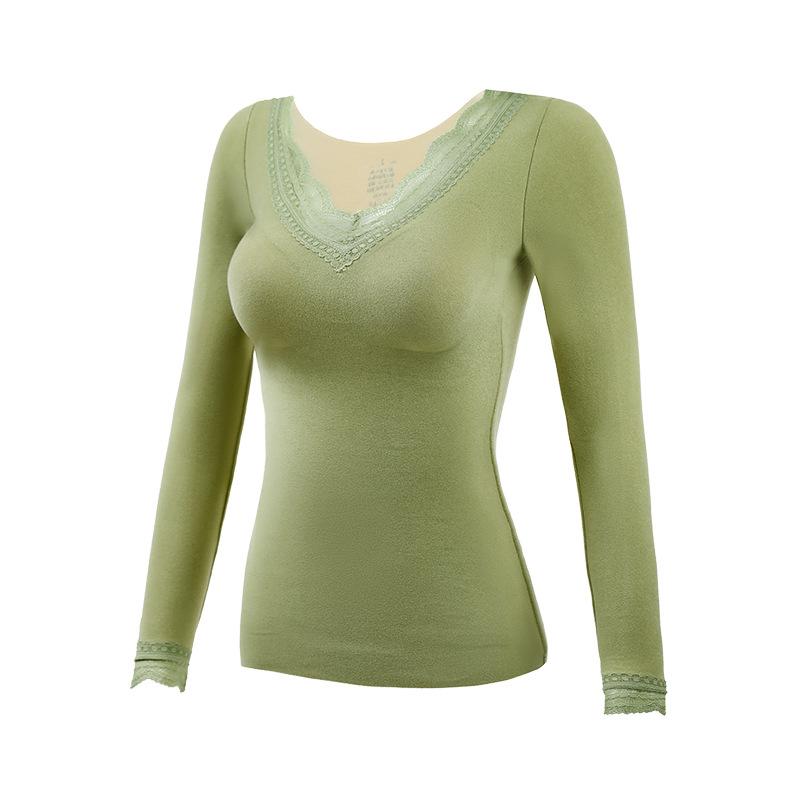 Lace Trim V Neck Thermal Long Sleeve Top With Built In Bra