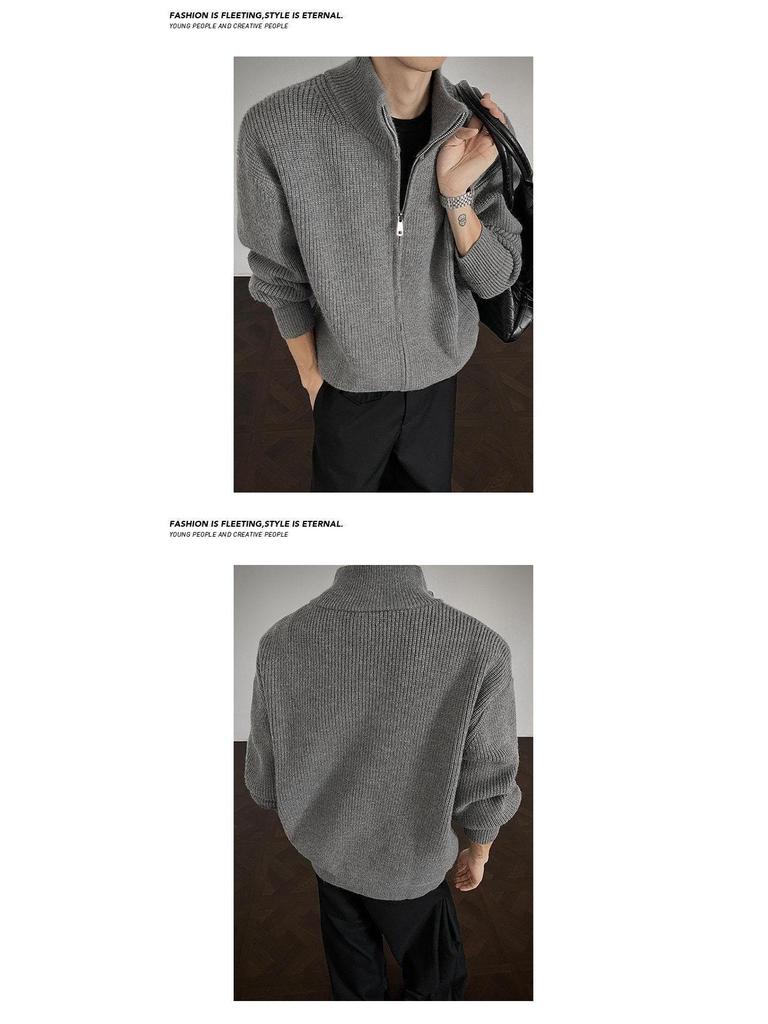 Men's Autumn Knit Cardigan - Loose Casual Stand Collar Jacket with Long Sleeves and Half High Collar Zipper.