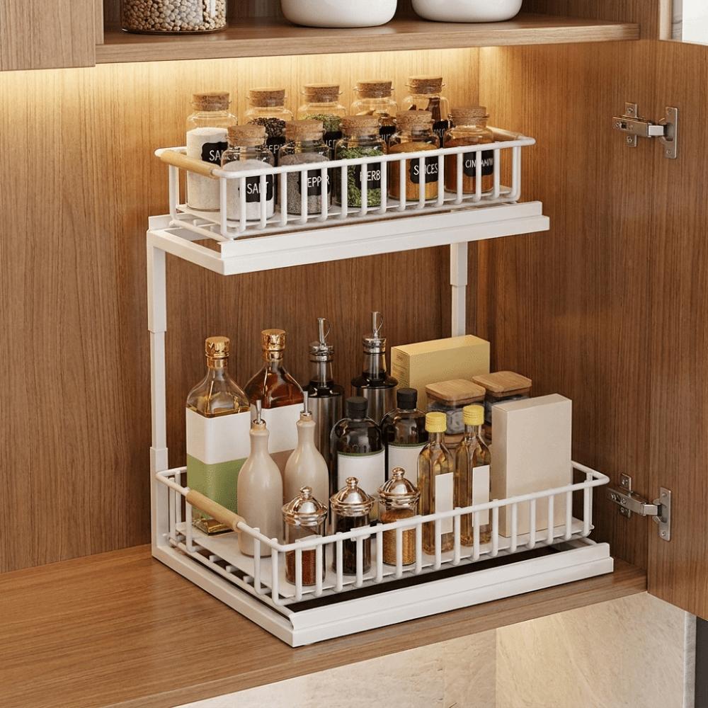 Large Capacity 2-Tier Under Sink Organizer Carbon Steel Slide Out Cabinet Storage Shelf  Bathroom