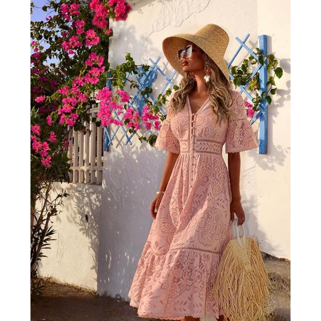 Summer New European American Style Women's V-neck Short Sleeve Hollow Out Single-breasted Lace Dress