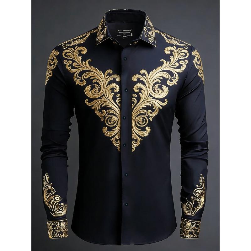 2026 Men's Light Luxury Retro Long Sleeve Shirt Gold 3D Printed Shirt Beach Vacation Outdoor Social Clothing Men