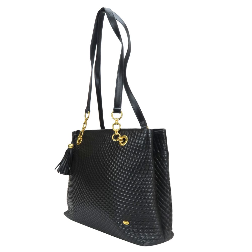 Used BALLY Tote Bag quilting leather black Chain