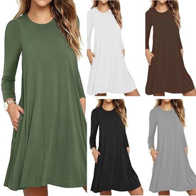 2026 Autumn/Winter Women's Solid Color Long Sleeve Pocket Dress