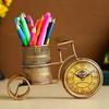 Antique Metal Cycle Pen Stand with Clock | Rustic Gold Decorative Desk Organizer