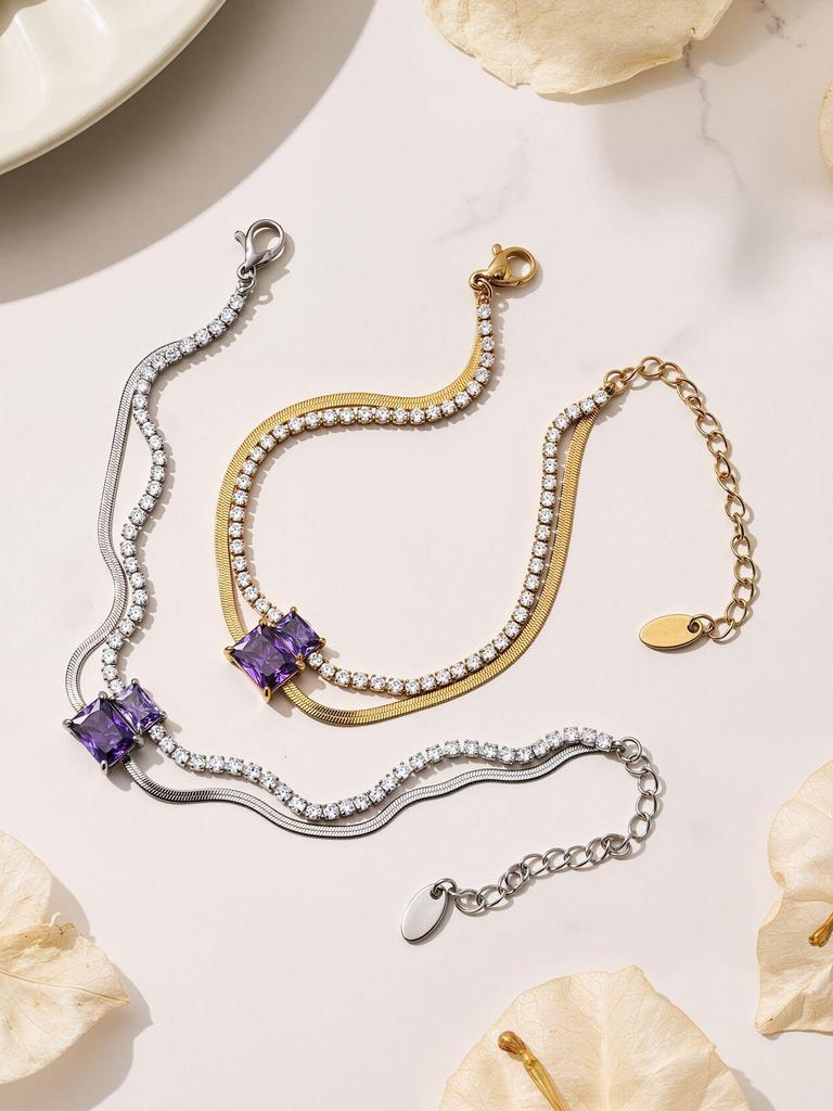 European Luxury Zircon Blade Chain Bracelet, 18k Gold-Plated Stainless Steel