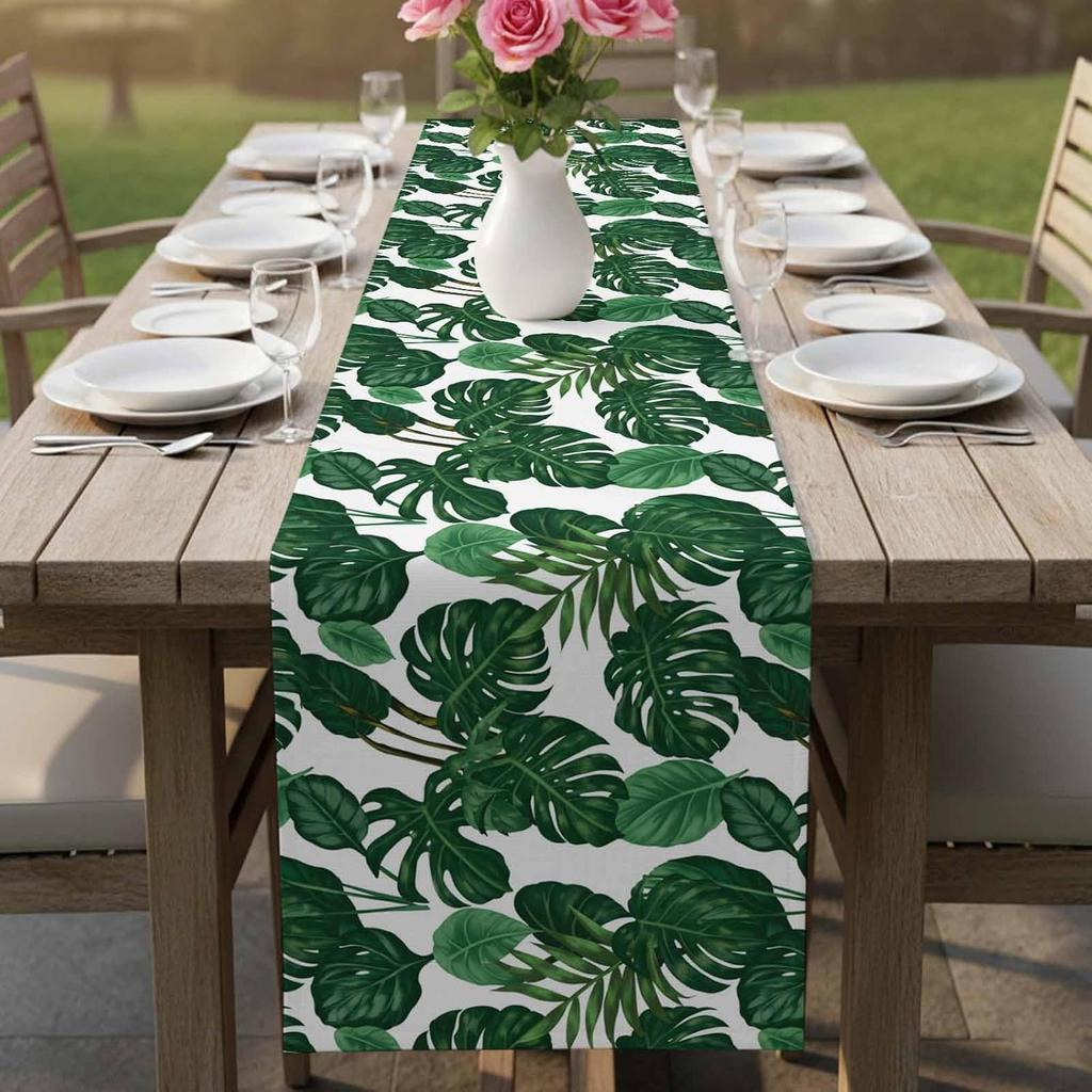 Summer Tropical Palm Leaf Linen Table Runner Party Decor Reusable Farmhouse Kitchen Dining Table Runner Wedding Decorations