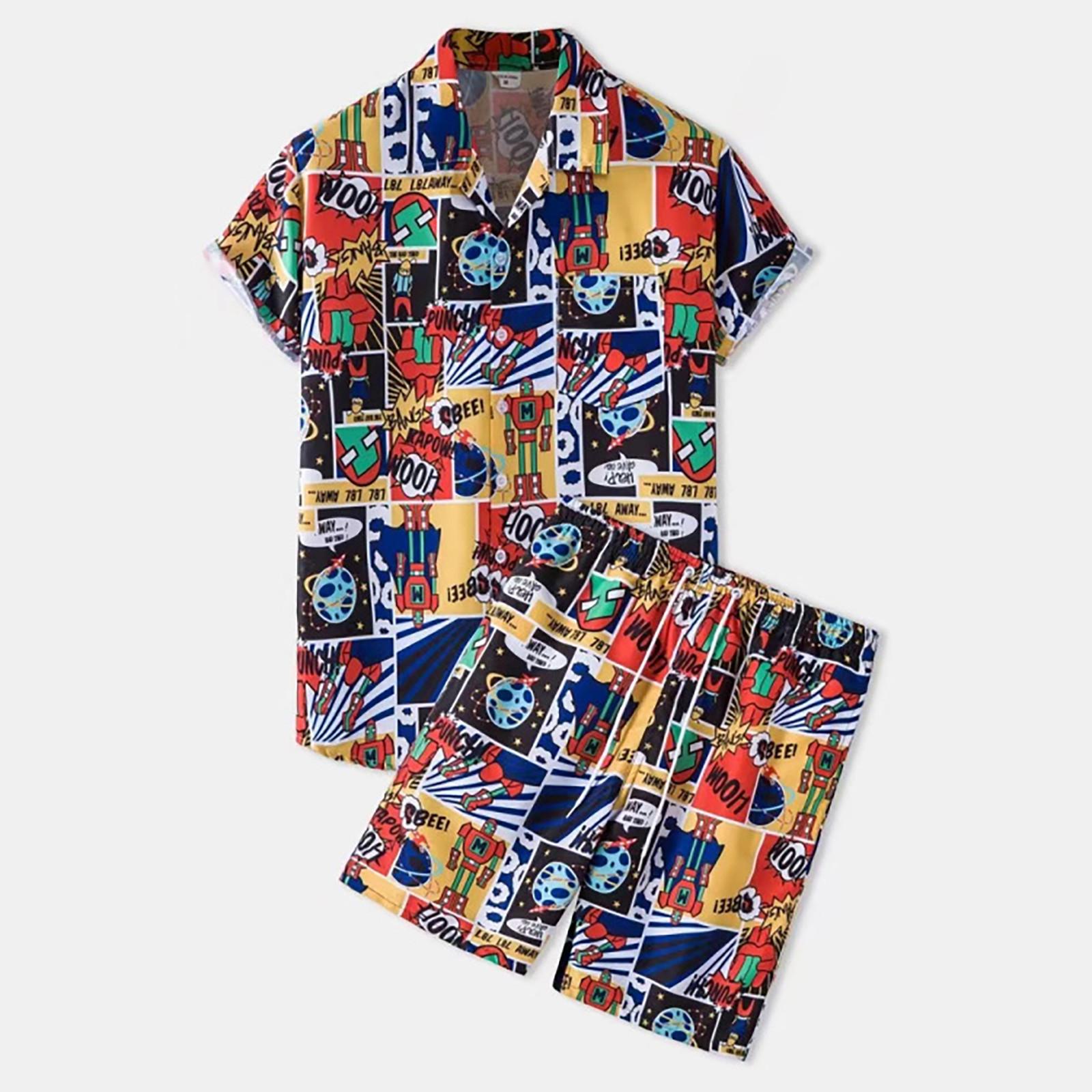 

Мужские летние комплекты из двух предметов с пляжным принтом: рубашки с короткими рукавами и шорты, брюки M оранжевый