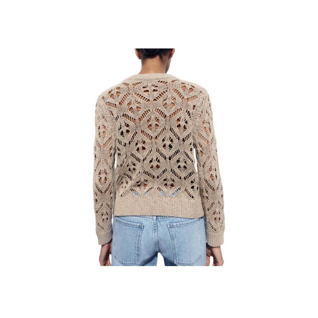 Zara Strukturiertes Mesh Einfarbig Schlichtes Langarm Strickoberteil Damenoberteile Dunkelbeige 6771013-731