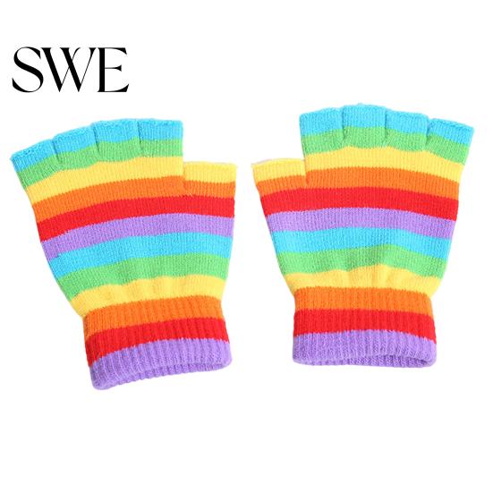 Winter Gloves 1 Pair Students Half Finger Knitted Colorful Rainbow Stripe Stretchy Comfortable Girls Keep Warm Super Soft Autumn Women Writing Gaming