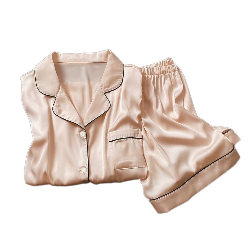 Style Simple Solid Color Short-Sleeved Lapel Summer Ice Silk Pajamas Women'S Loungewear