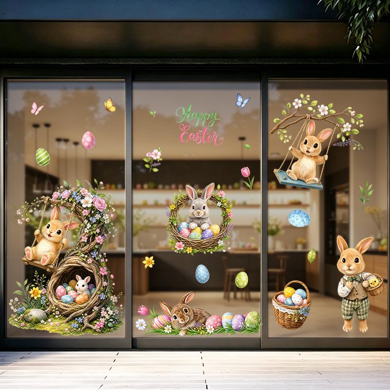 Easter Rabbit Egg Basket Static Window Sticker Self Adhesive Glass Showcase Decor