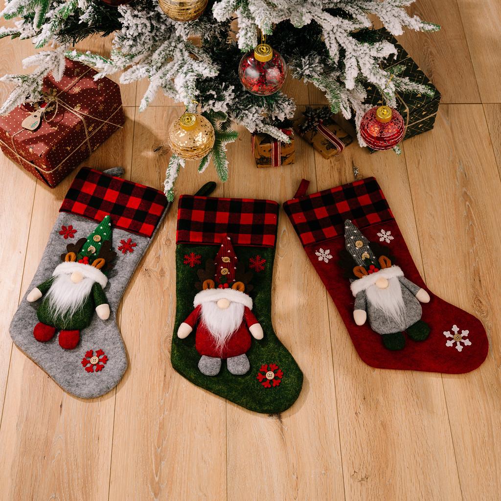 Cozy Fabric Christmas Stockings In Red Green And Gray With Snowflake Details