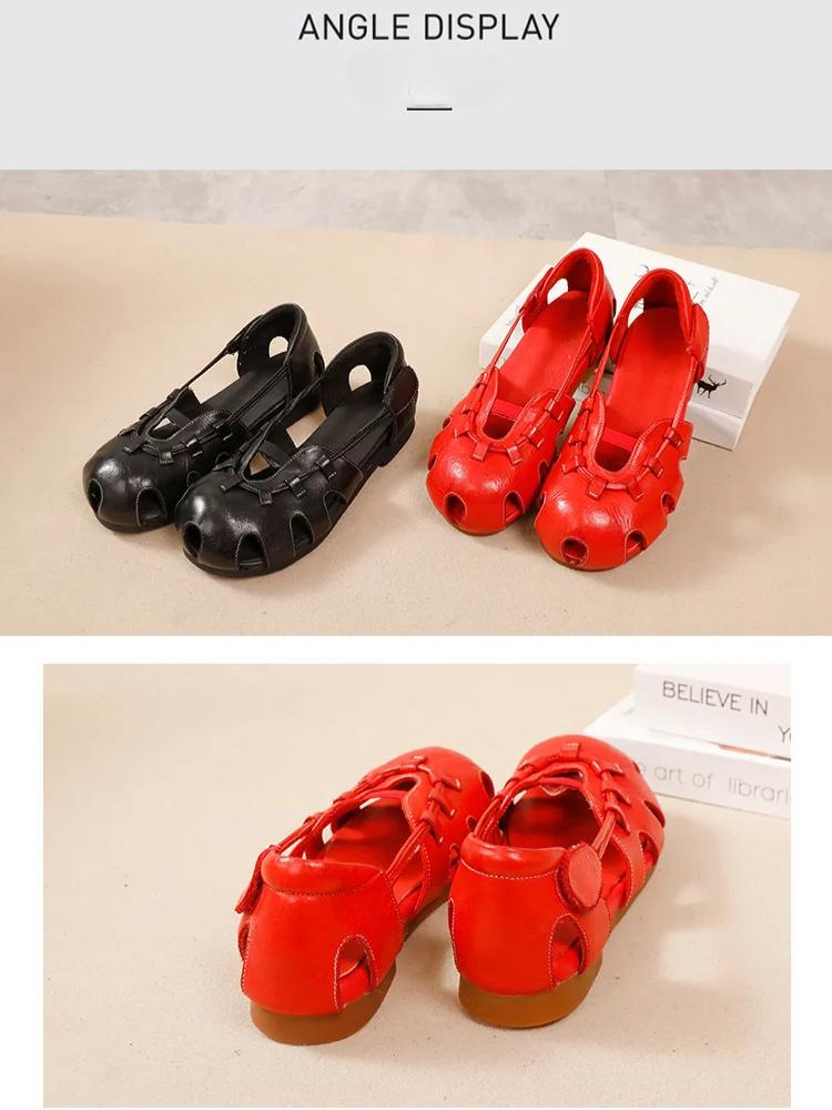 Johnature High Quality Genuine Leather Sandals Cowhide Peep Toe Flat Heel Soft Sole Retro Women's Shoes