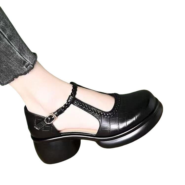 Korean Version of Bag Head Sandals Women's 2025 Summer New Stone Pattern Woven Round Head Thick Heel Comfortable Versatile High Heel Sandals Women