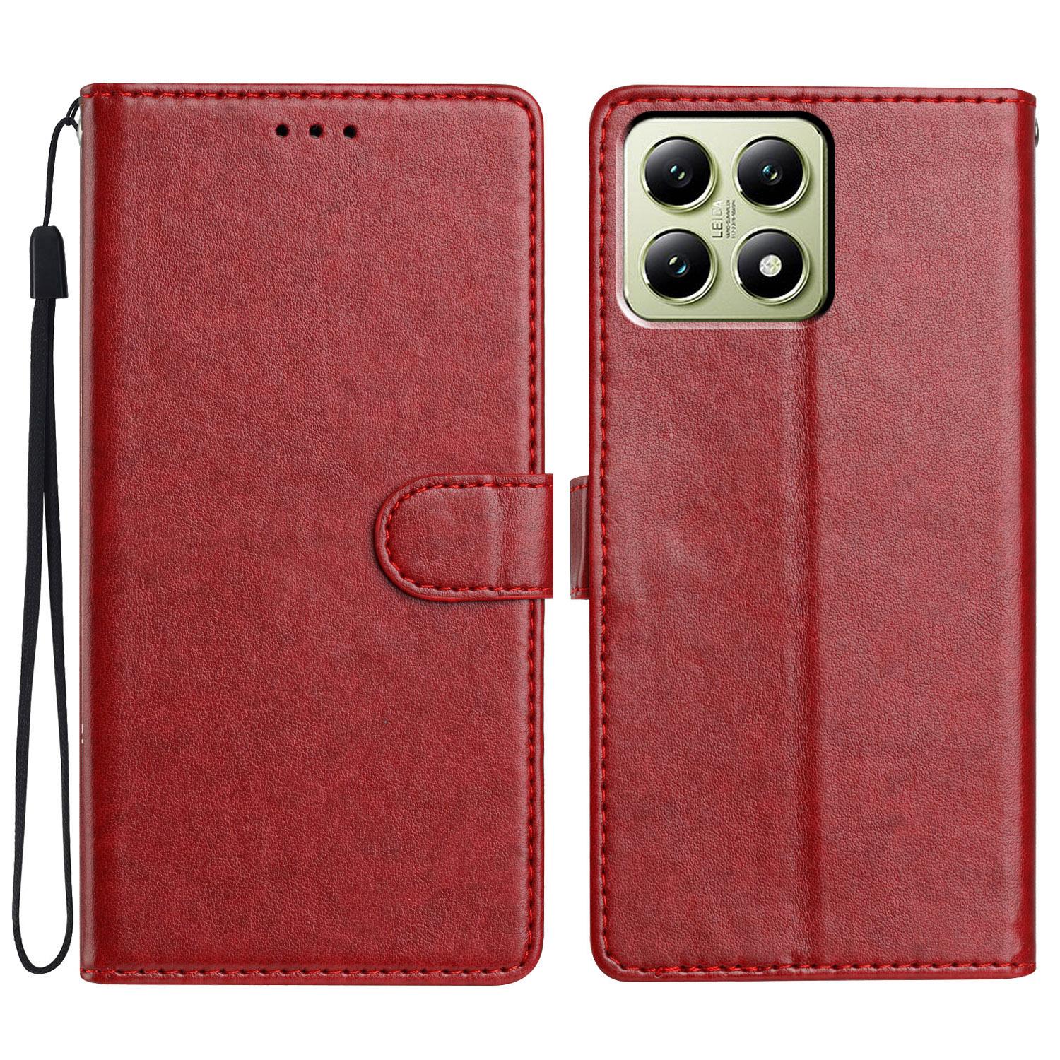 

For Xiaomi 14T Leather Case Wallet Stand Phone Cover with Handy Strap Red