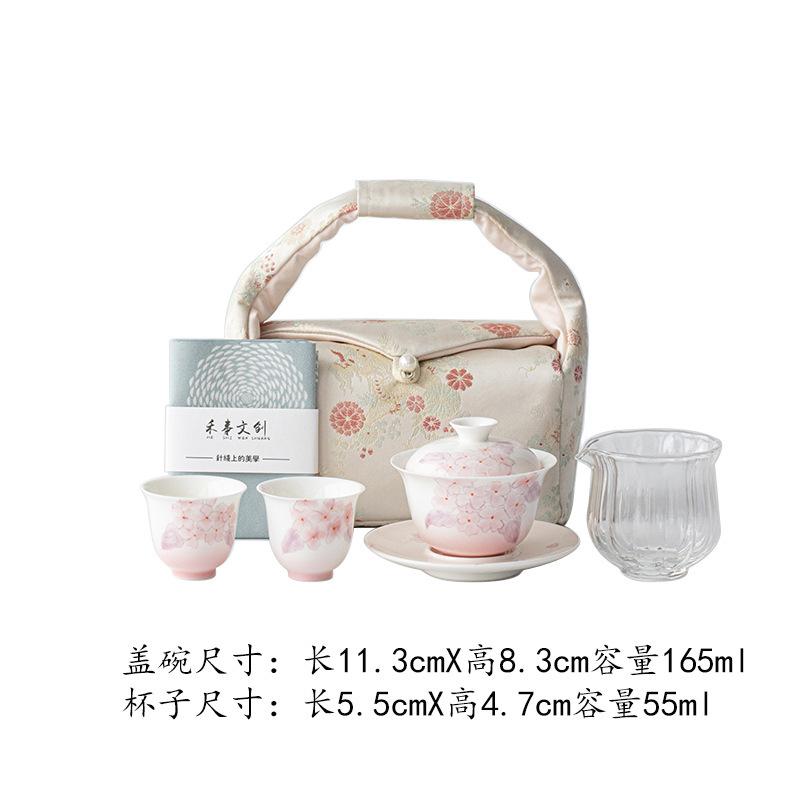 

Hand-painted Cherry Blossom Travel Tea Set Kit Retro 1 Bowl 2 Cups Tea Maker Organizer Portable Camping Handbag Decoration Craft