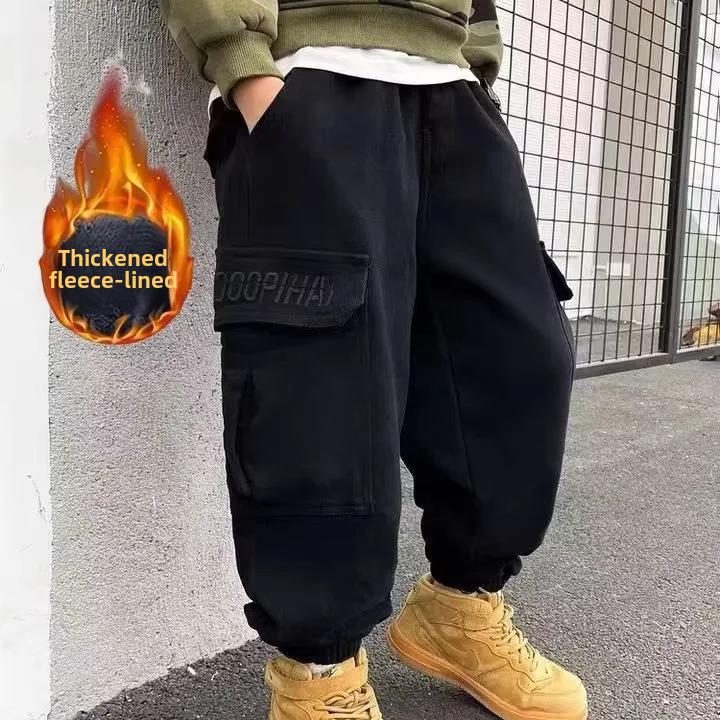 

Зимние детские брюки-карго с флисовой подкладкой, повседневные брюки для мальчиков, высококачественная детская одежда, модные 140 чёрный