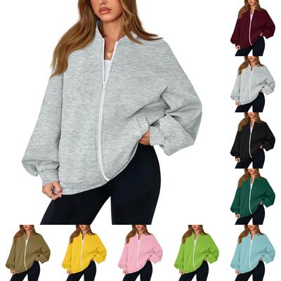 Women's Fashion Long Sleeve Color V-Neck Loose Oversize Zipper Jacket