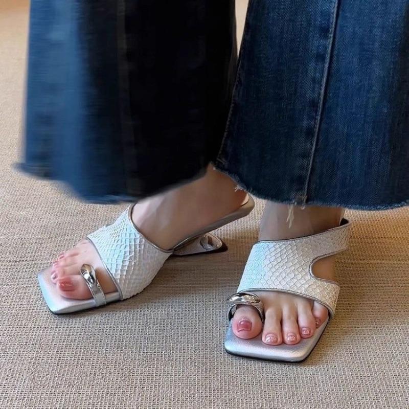 

Special Heel Slippers Women s Summer New Square Toe Open Toe Metal Cover Toe Cutout Non-Slip Flip Flops 34