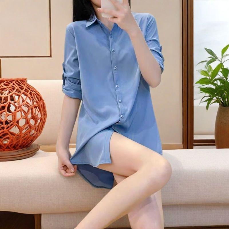 

Высокое женское платье-рубашка в корейском стиле, длинный белый кардиган с отложным воротником и длинными рукавами 2XL (125-135 lbs)