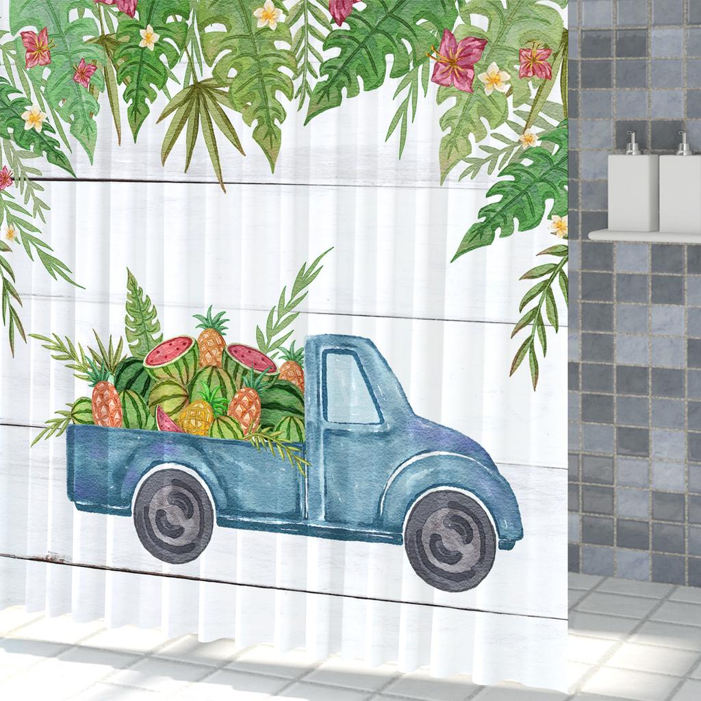 Summer Watermelon Truck Shower Curtain Tropical Palm Leaves Home Kitchen Bath Partition Waterproof Hanging Curtain With Hooks