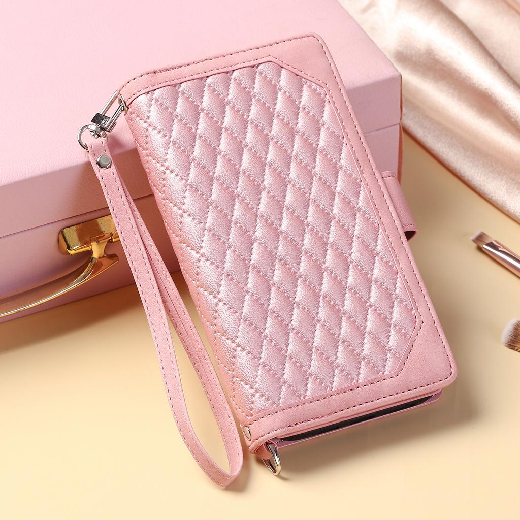 Quilted Zipper Wallet Case for iPhone 17 Pro & Samsung S25 Ultra - Flip Leather Card Holder Cover with Wrist Strap