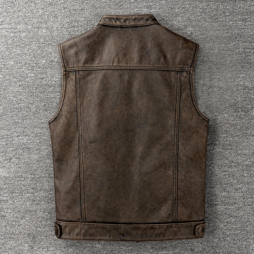 Vintage Motorcycle Vest Genuine Cow Leather Biker Vests Soft Slim Fit Men Genuine Leather Sleeveless Jacket Spring
