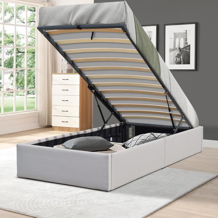 Solide Lit Coffre Gris pour matelas 90x200 cm - 12 Lattes - manon pieds - revetement PVC Simili facile dentretien