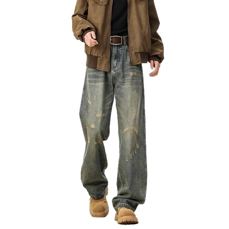 Washed old jeans men's autumn new trendy brand American retro loose straight wide-leg casual pants
