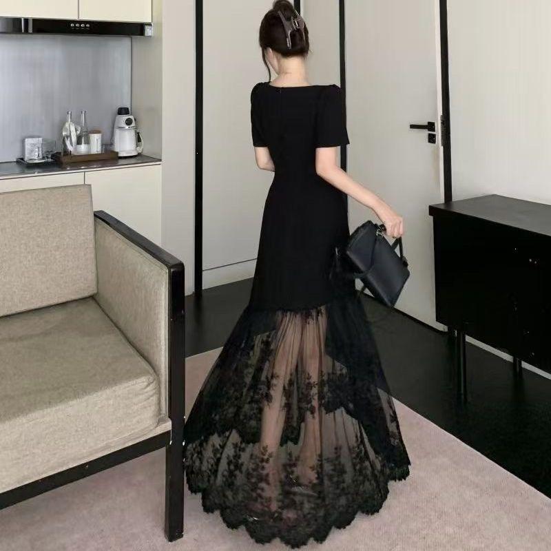 Summer Black Mesh Splicing Square Neck Dress for Women, Sexy Waist and Thin Temperament, Slim and Big Swing Dress