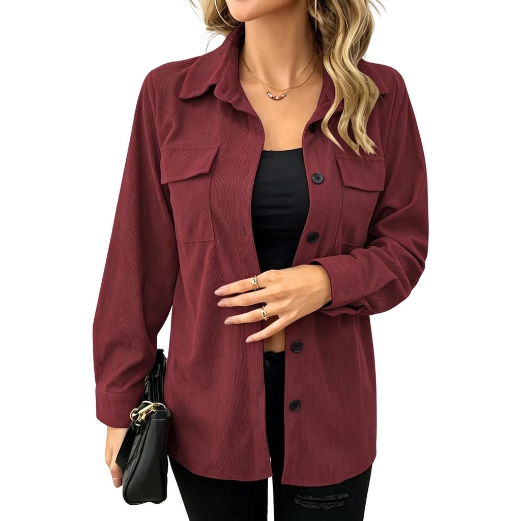 Women's Corduroy Long Sleeve Shirt with Retro Lapel Collar and Double Pockets Casual Blouse