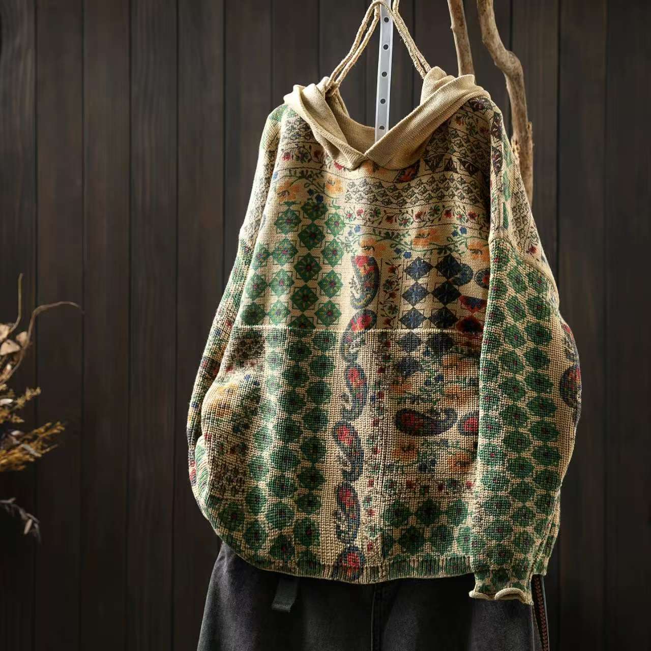

Johnature Women Vintage Print Floral Hooded Sweaters Knitted Long Sleeve Spring Patchwork Female Pullover Sweaters One Size світлого кольору хакі