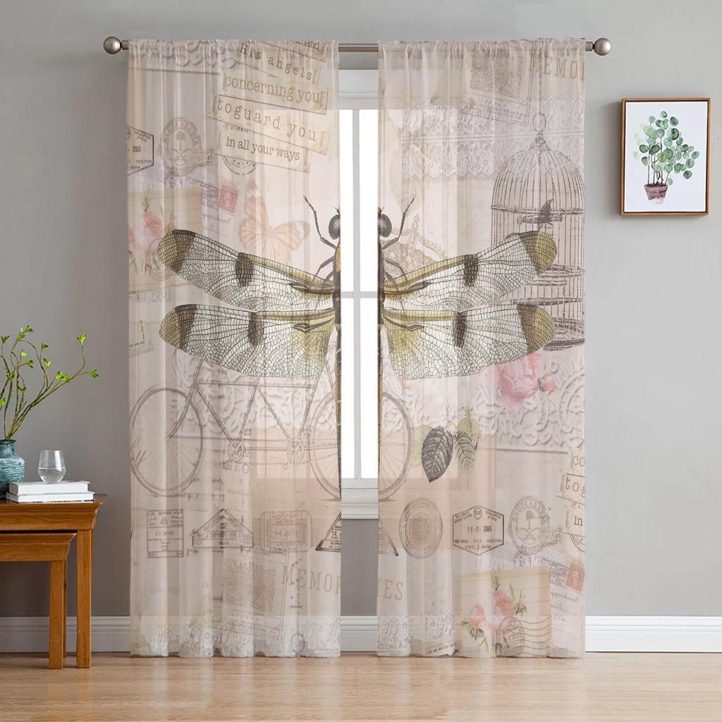 Dragonfly Flowers Curtain Living Room Voile Window Blinds Bedroom Tulle Drape Kitchen Cortinas Hall Curtains Light Filtering Polyester Ideal For Great